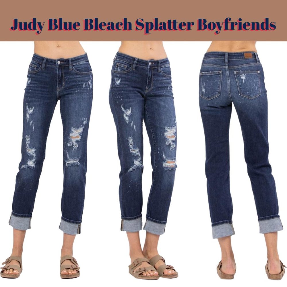 Judy Blue Mid-Rise Boyfriend Bleach Splash Destroyed Jeans - Dark Blue Wash